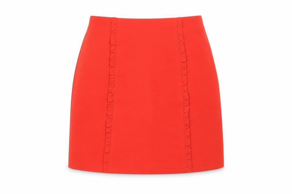Front view of Oasis Women's Red Pencil Skirt, size 10, Ruffle Accent