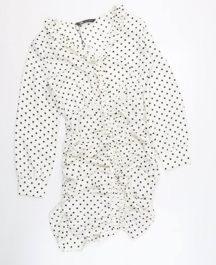 Zara Women's White Polka Dot Shirt Dress, Size S