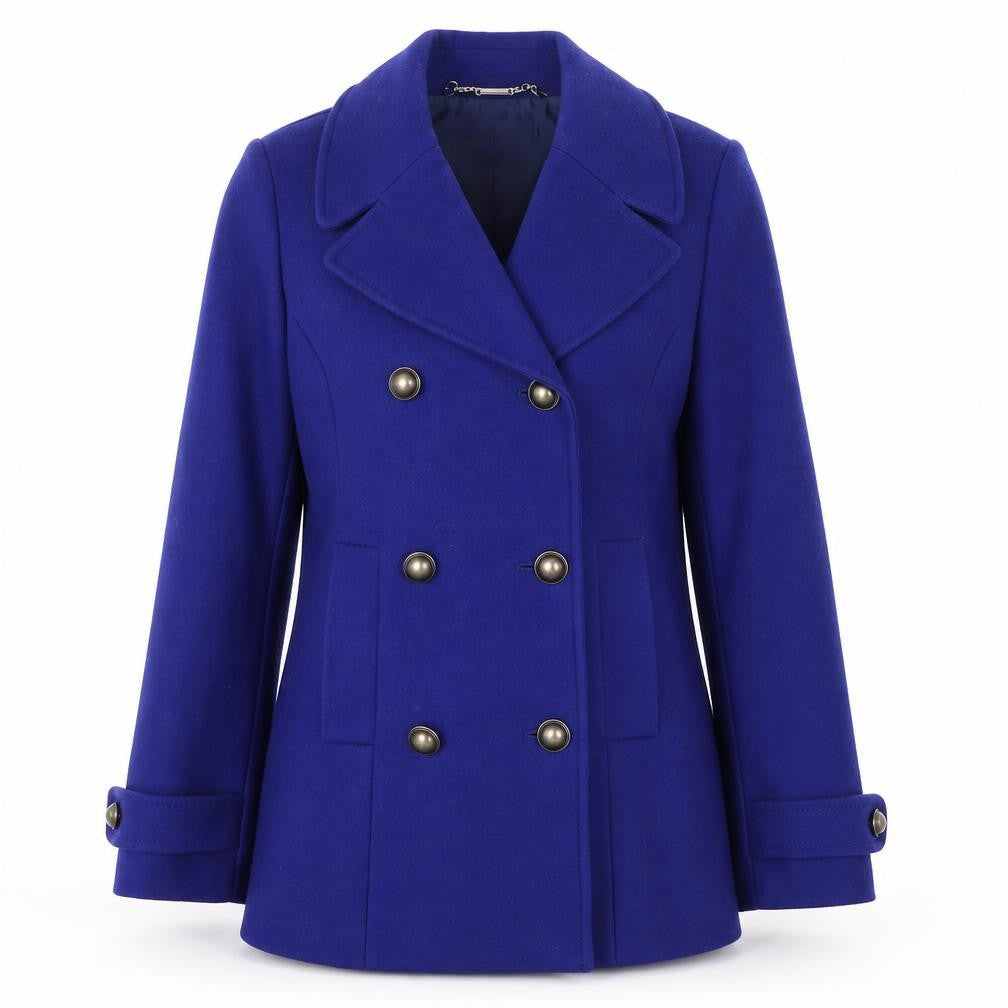 Front view of Laura Ashley Women's Blue Wool Pea Coat, size 8