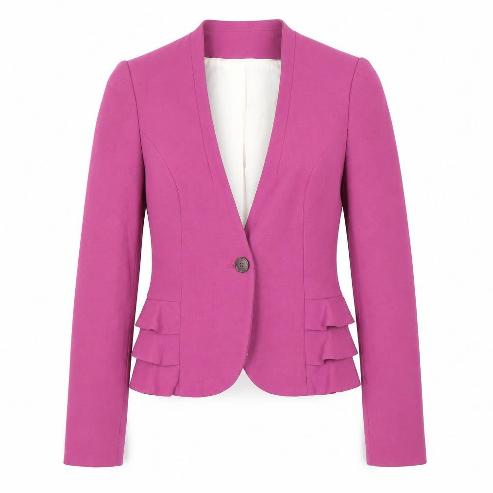 Front view of H&M Women's Pink Blazer, size 6, Ruffled