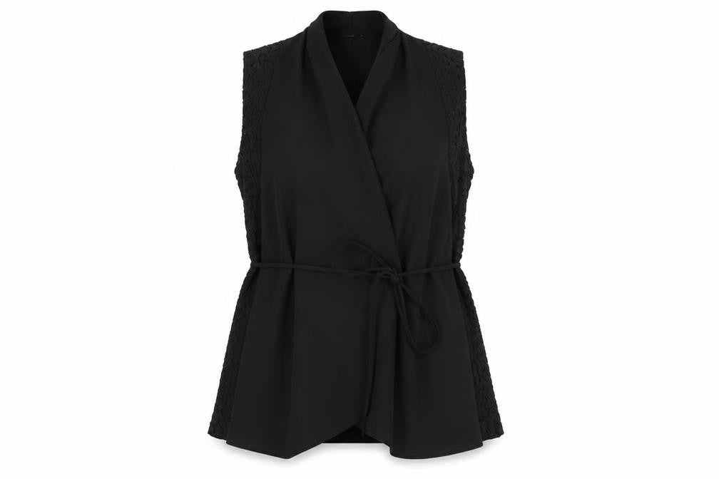 Front view of Nicole Exclusives Women's Black Wrap Lace Blouse S