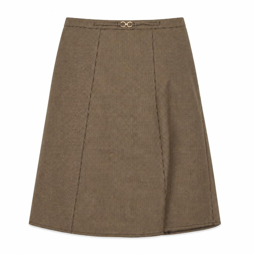 Front view of Damart Women's Brown Check A-Line Skirt, size 10