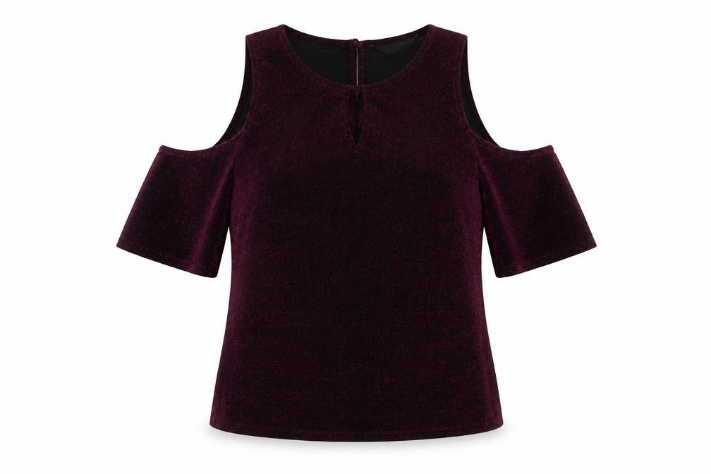 Front view of Dorothy Perkins Women's Purple Cold Shoulder Top