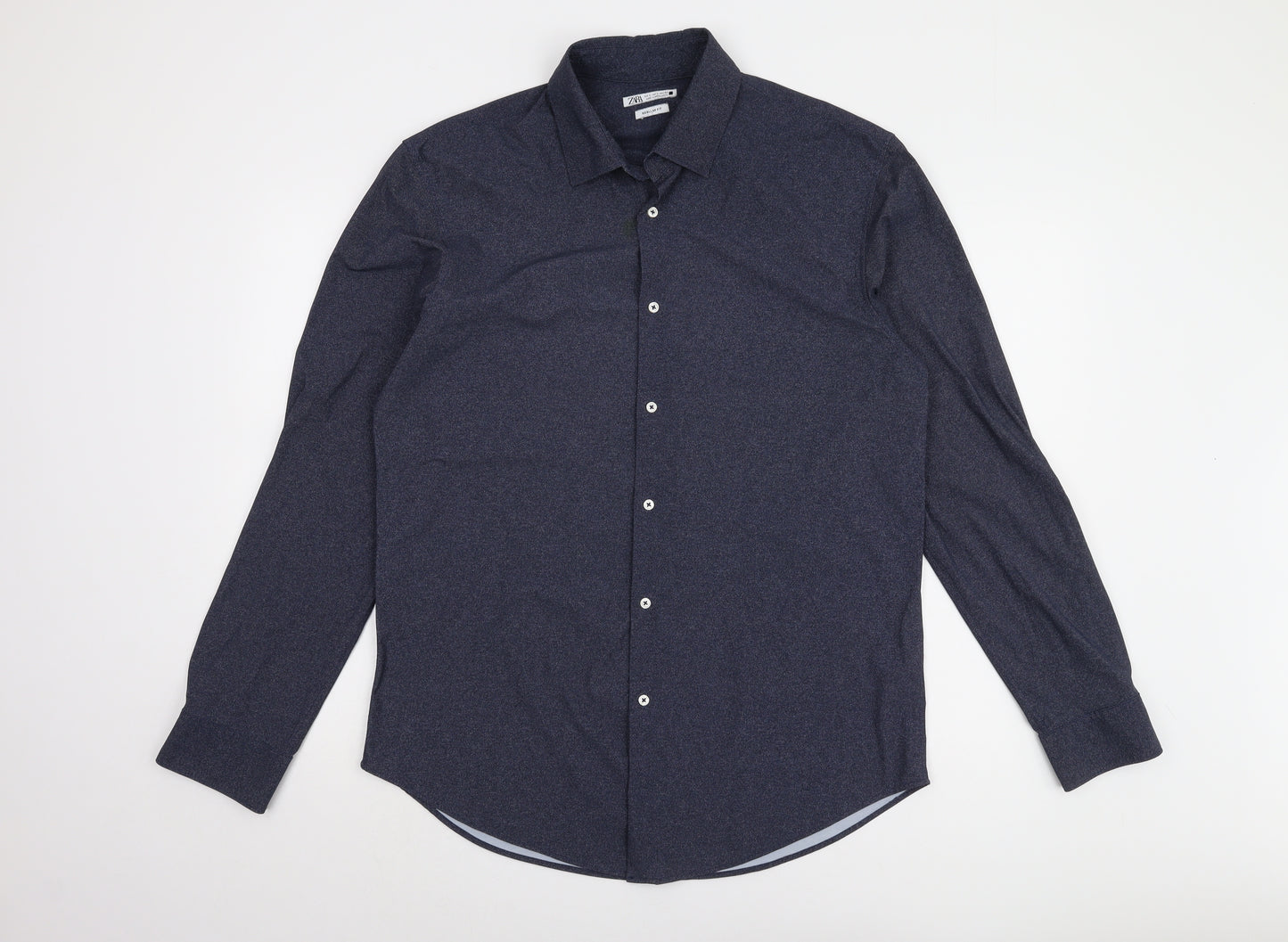 Zara Men's Blue Regular Fit Long Sleeve Shirt L