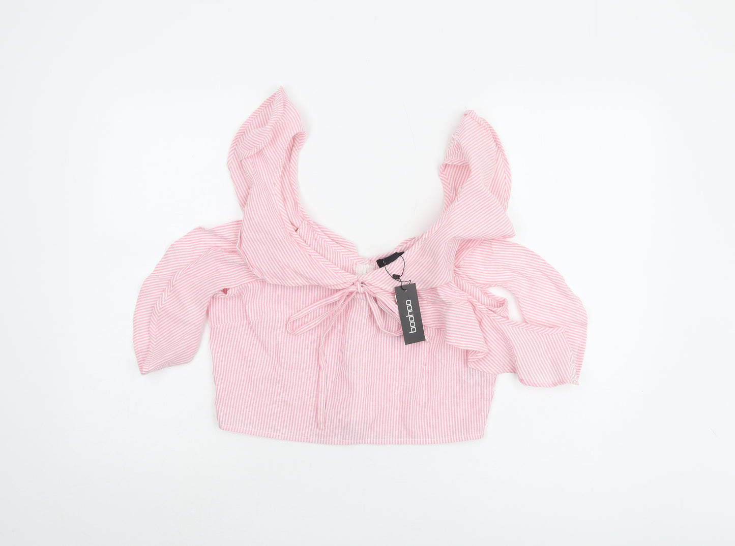 Boohoo Women's Pink Striped Cropped Blouse - Size 12