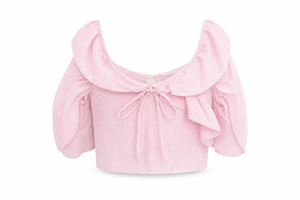 Front view of Boohoo Women's Pink Striped Cropped Blouse -, size 12