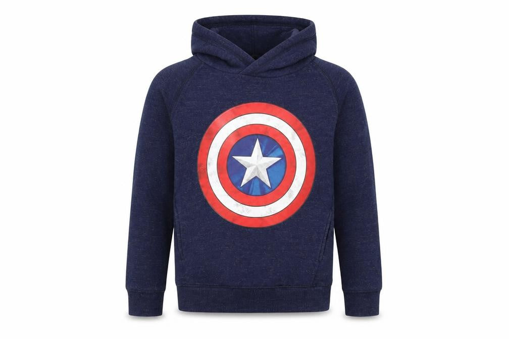 Front view of Marvel boys’ blue superhero pullover hoodie 8 years