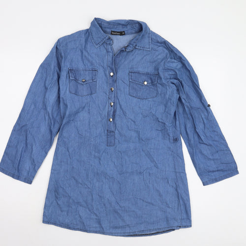 boohoo Women's Blue Chambray Button-Up Shirt S