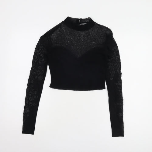 Lipsy Women's Black Cropped Blouse, Size 10, Embroidered Elegance