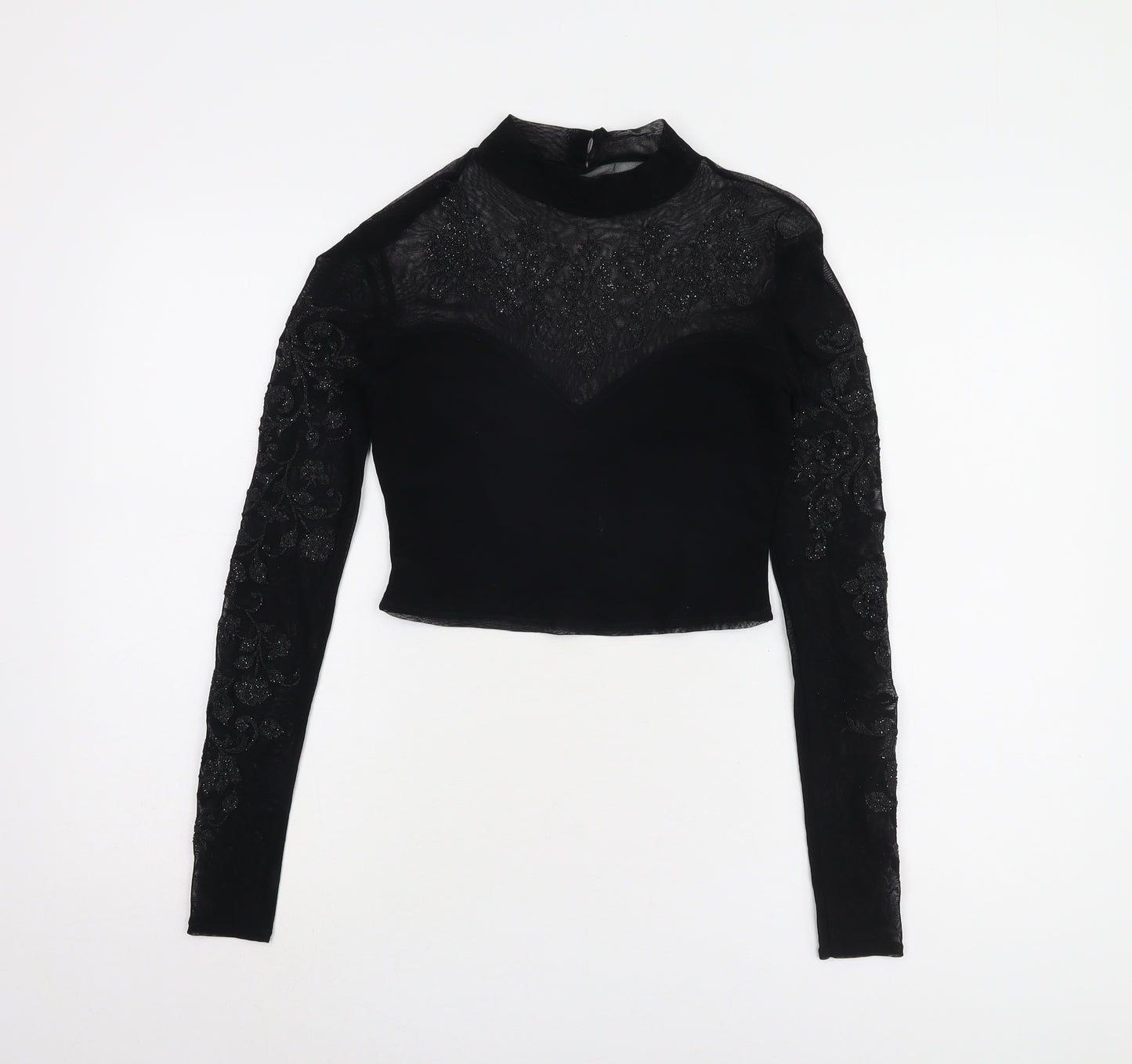 Lipsy Women's Black Cropped Blouse, Size 10, Embroidered Elegance
