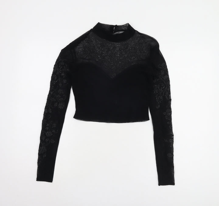 Lipsy Women's Black Cropped Blouse, Size 10, Embroidered Elegance