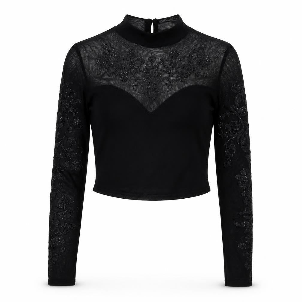 Front view of Lipsy Women's Black Cropped Blouse, size 10, Embroidered Elegance