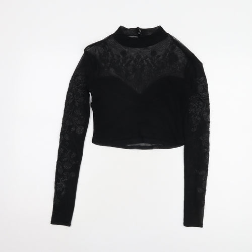 Lipsy Women's Black Cropped Blouse, Size 10, Embroidered Elegance