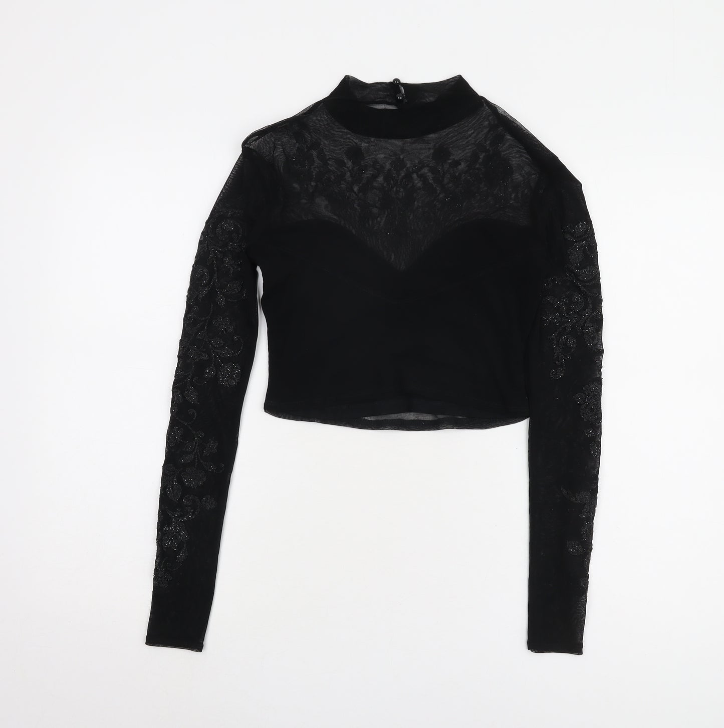Lipsy Women's Black Cropped Blouse, Size 10, Embroidered Elegance