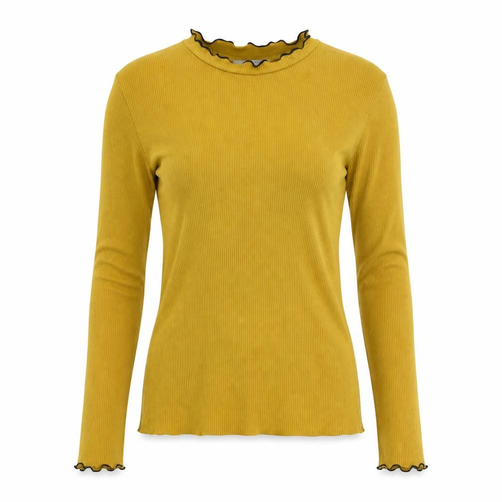 Front view of Zara Women's Yellow Long Sleeve Solid T-Shirt
