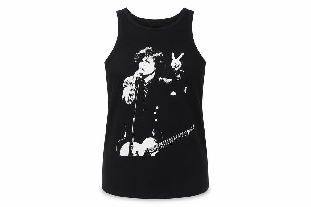 Front view of Death Kitty unisex black music tank top, size 14