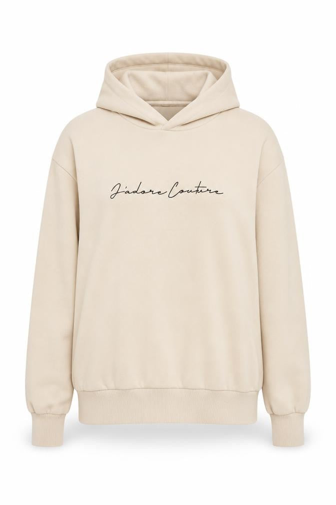 Front view of J'adore Couture Women’s Beige Pullover Hoodie, size UK 8
