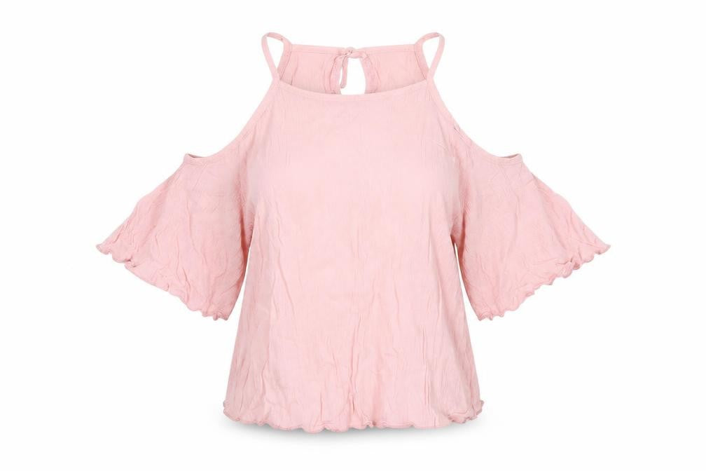 Front view of Brave Soul Women's Pink Cold Shoulder Top, size S