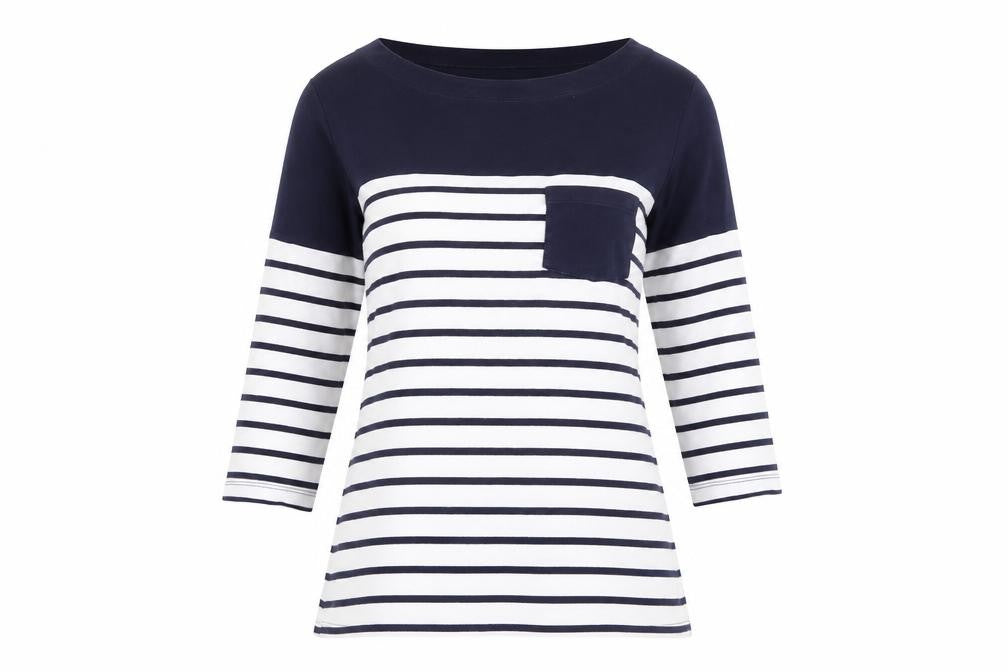 M&Co Women's Blue Striped Boat Neck T-Shirt Size 10
