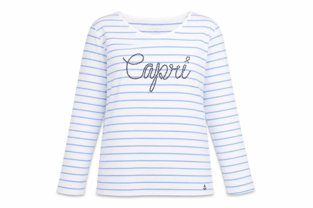 Front view of ESMARA Women's White Striped T-Shirt, size L, Long Sleeve