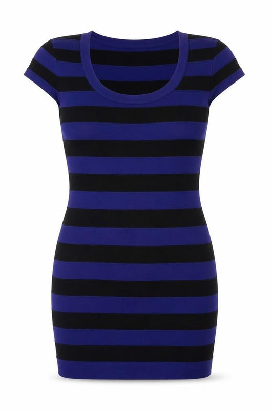 Front view of French Connection Blue Bodycon Striped Dress, size 12