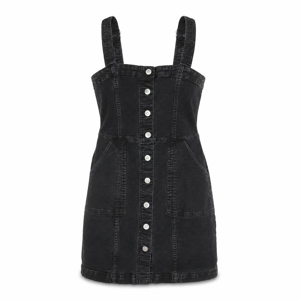 Front view of H&M Women's Black Denim Pinafore Dress, size 6