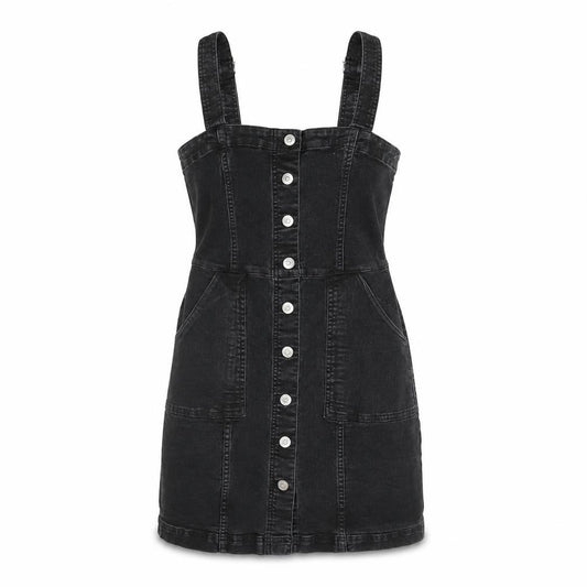 Front view of H&M Women's Black Denim Pinafore Dress, size 6