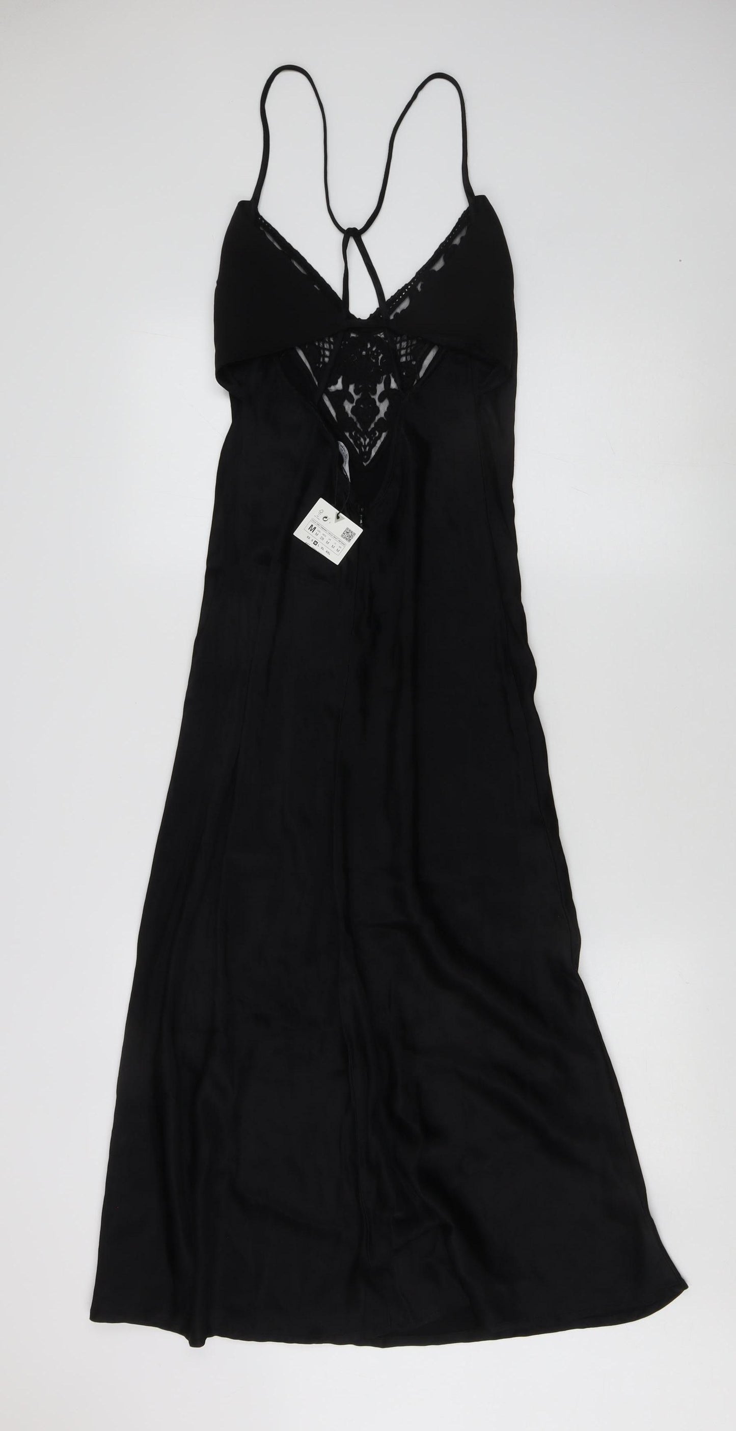Zara Women's Black Slip Dress M - Strappy Lace Accents