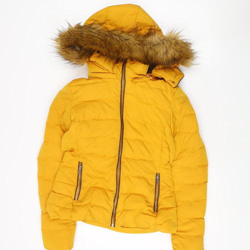 Zara Women's Yellow Puffer Jacket, Size 4, Hooded