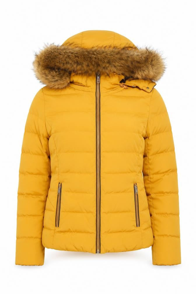 Front view of Zara Women's Yellow Puffer Jacket, size 4, Hooded