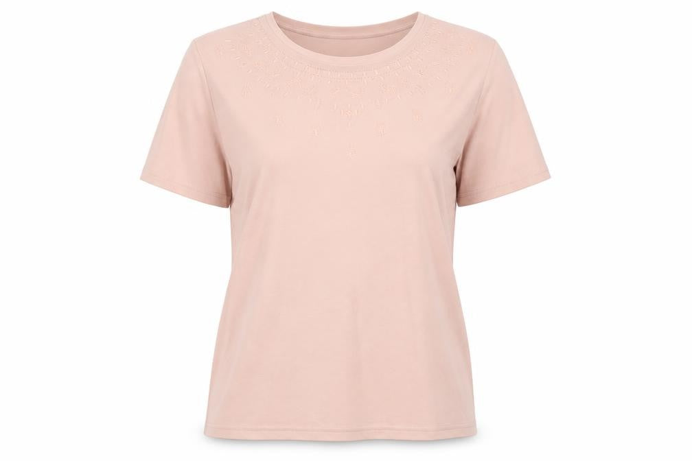 Front view of Honor Millburn Women's Pink Embroidered T-Shirt L