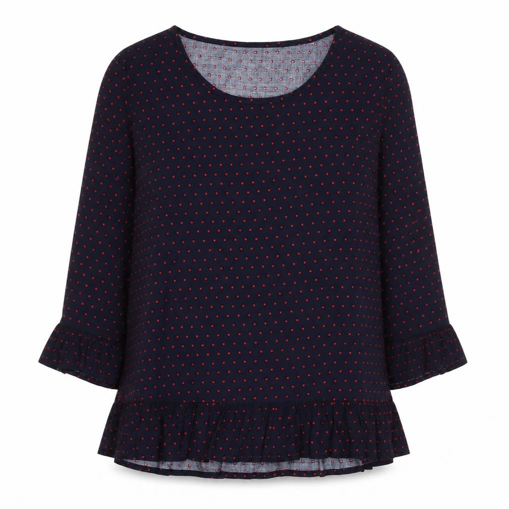 Front view of Jacqueline de Yong Women's Blue Polka Dot Blouse, size 8