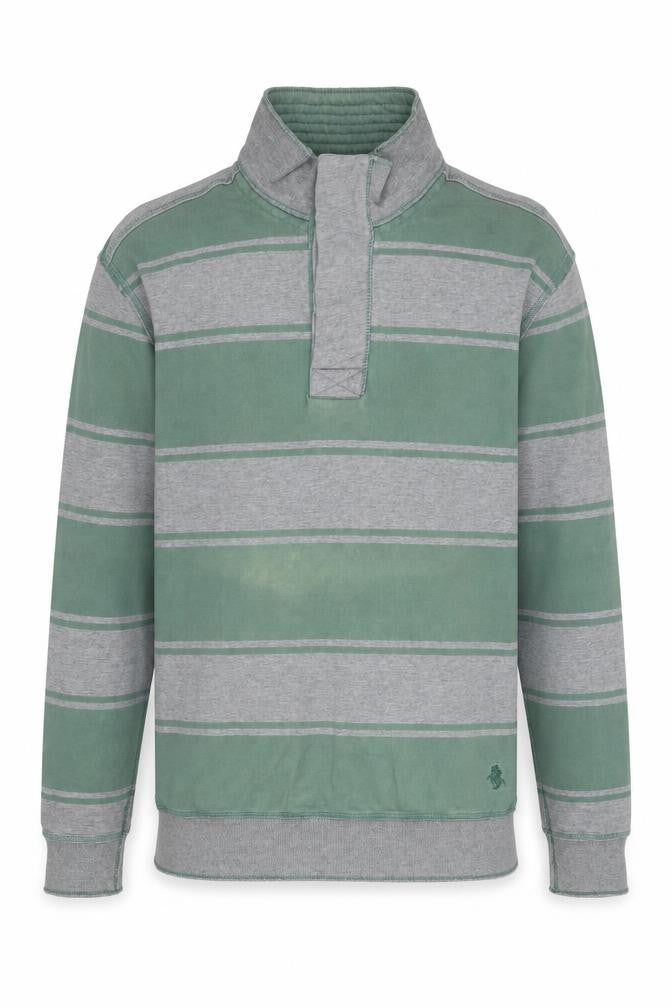 Front view of St George Duffer Men's Green Striped Henley Sweatshirt L