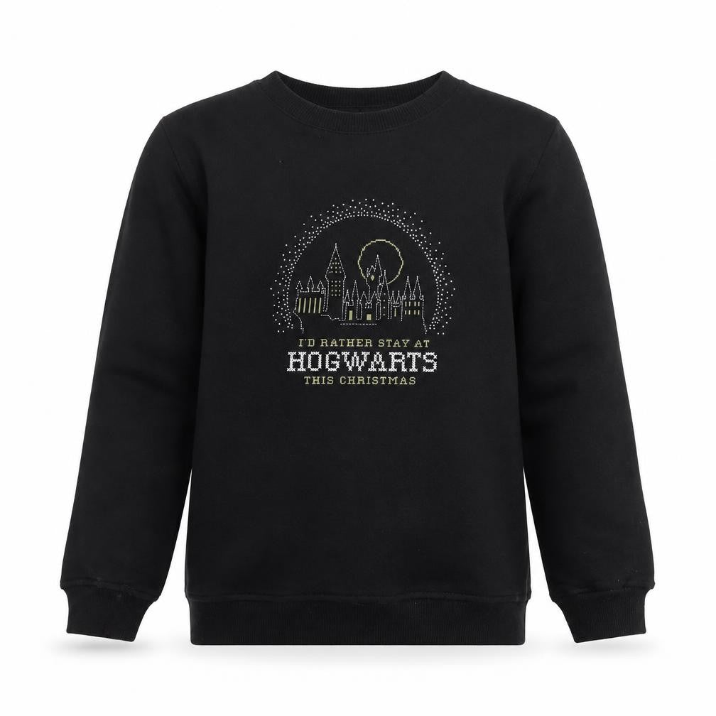 Front view of Harry Potter boys’ black christmas sweatshirt 11-12 years