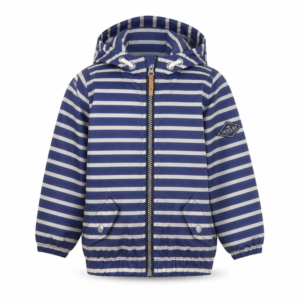 Front view of Joules girls’ blue striped rain coat 3 years