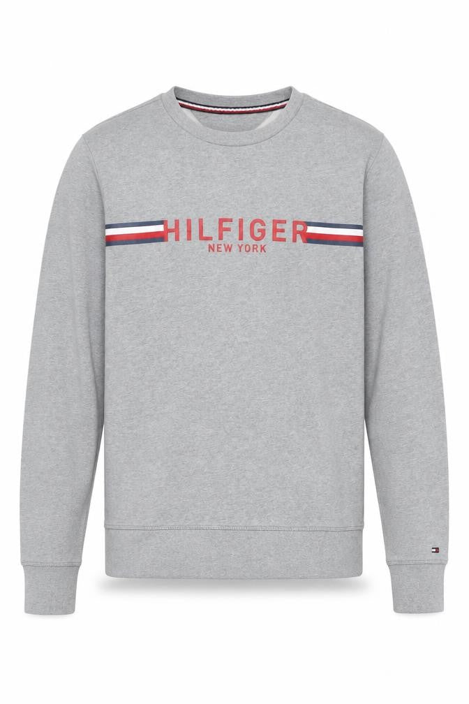 Front view of Tommy Hilfiger Men's Grey Logo Sweatshirt, S, Pullover, Cotton