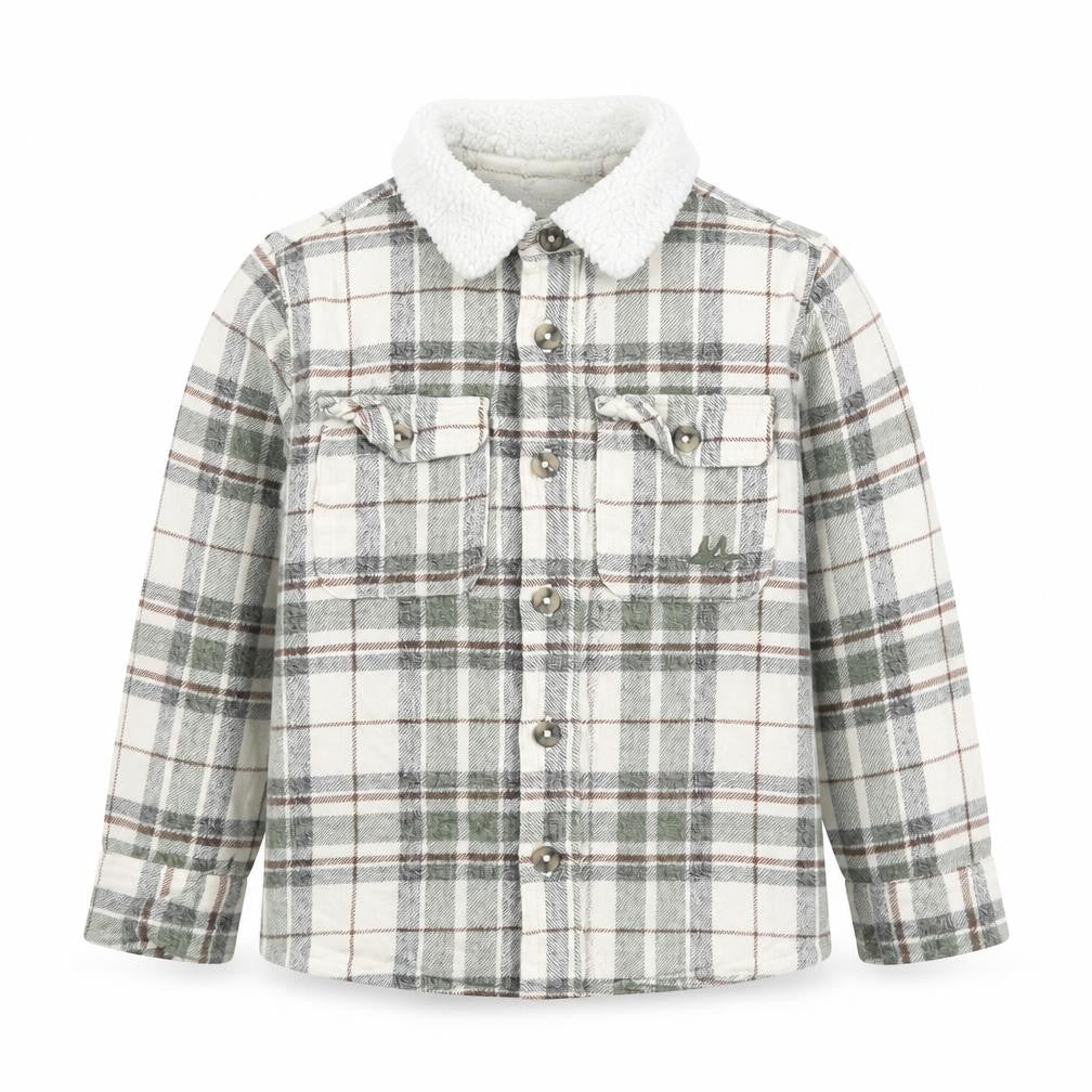 Front view of Mantaray boys’ grey plaid button-up shirt 3-4 years lined winter