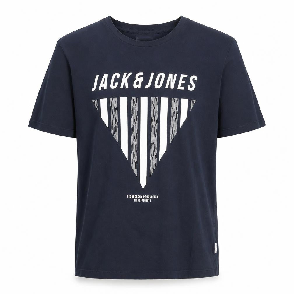 Front view of Jack & Jones Men's Blue Graphic Print T-Shirt, size S