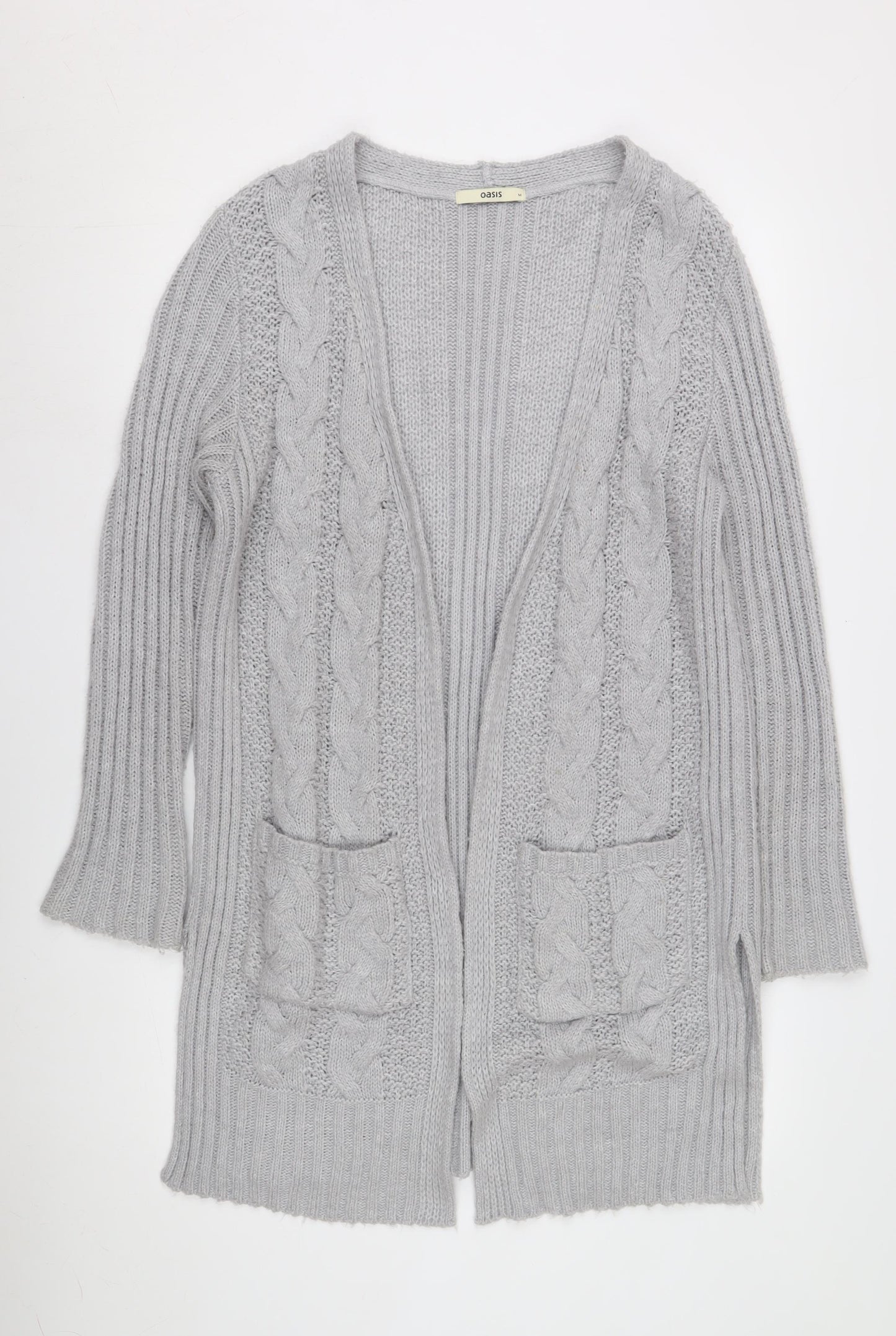 Oasis Women Grey Open Front Cardigan M Knit Acrylic Nylon
