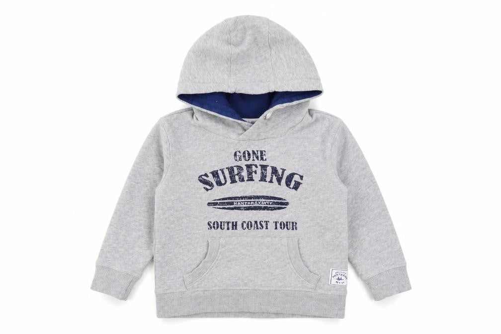 Front view of Mandarcy boys’ grey pullover hoodie, age 2-3 years, surf theme