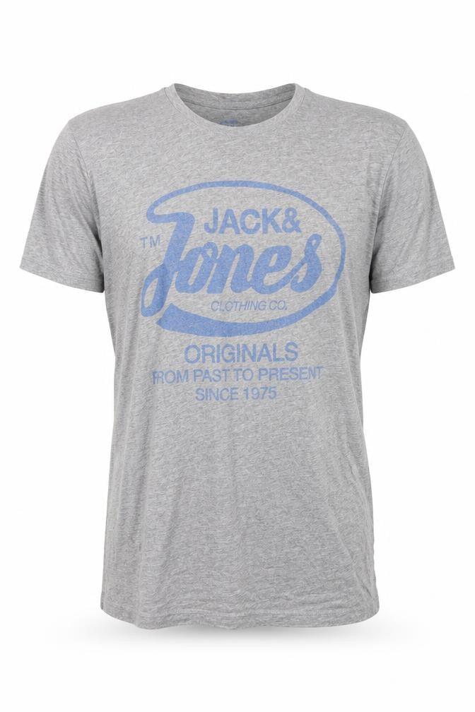 Front view of Jack & Jones Men's Grey Graphic T-Shirt, size S