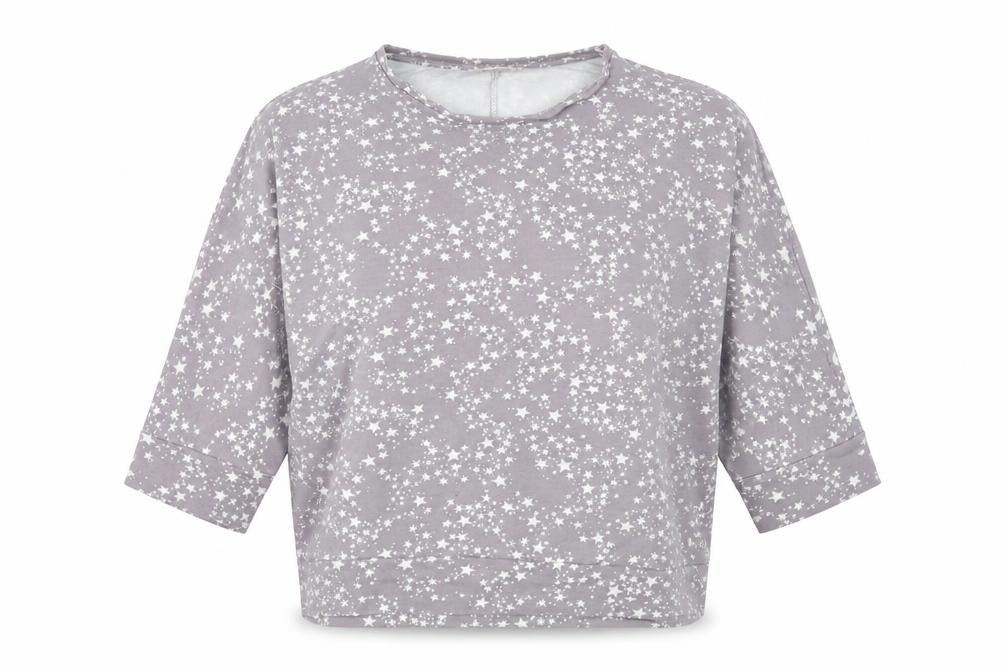 Front view of WoolOvers Women's Grey Star Pyjama Top M 3/4 Sleeve