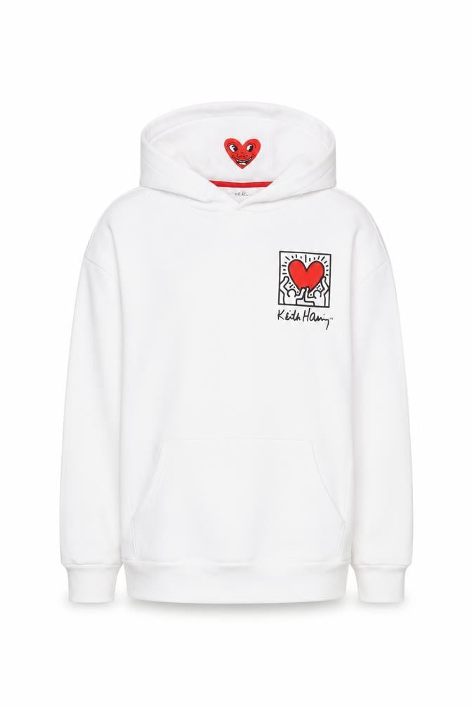 Front view of Keith Haring unisex kids white pullover hoodie 14-15 years