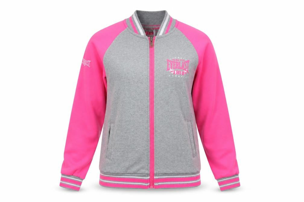 Front view of Everlast Women's Grey & Pink Varsity Jacket, size 14
