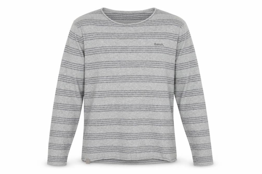 Front view of Bench Men's Grey Striped Long Sleeve Shirt L