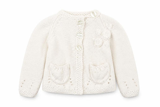 Front view of Mayern unisex ivory cardigan 6-9m with button closure