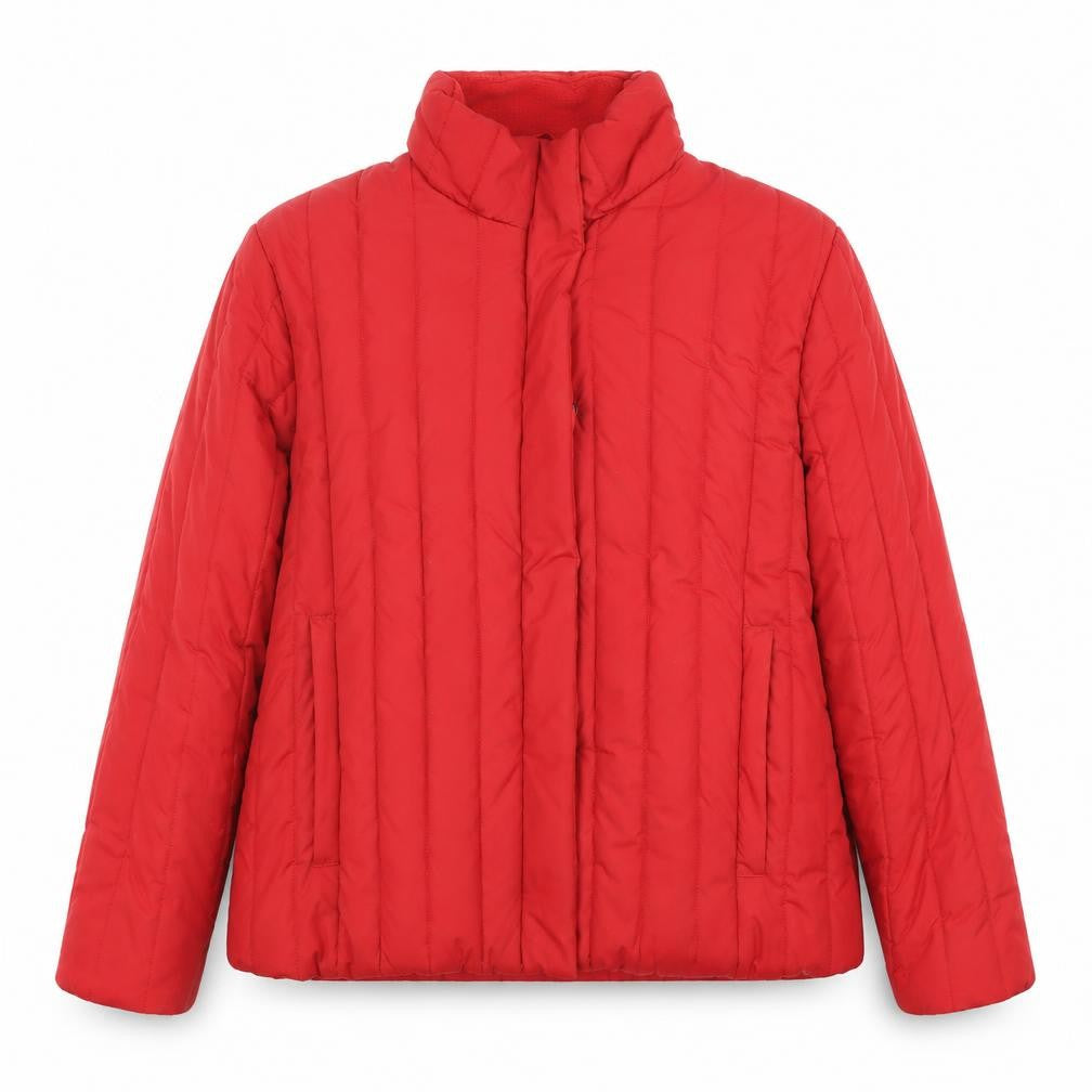 Front view of Evie Women's Red Puffer Jacket, size 14