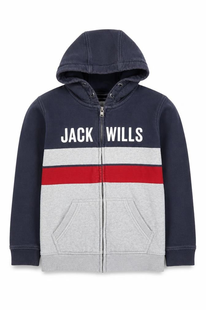 Front view of Jack Wills boys’ blue full zip hoodie 9-10 years