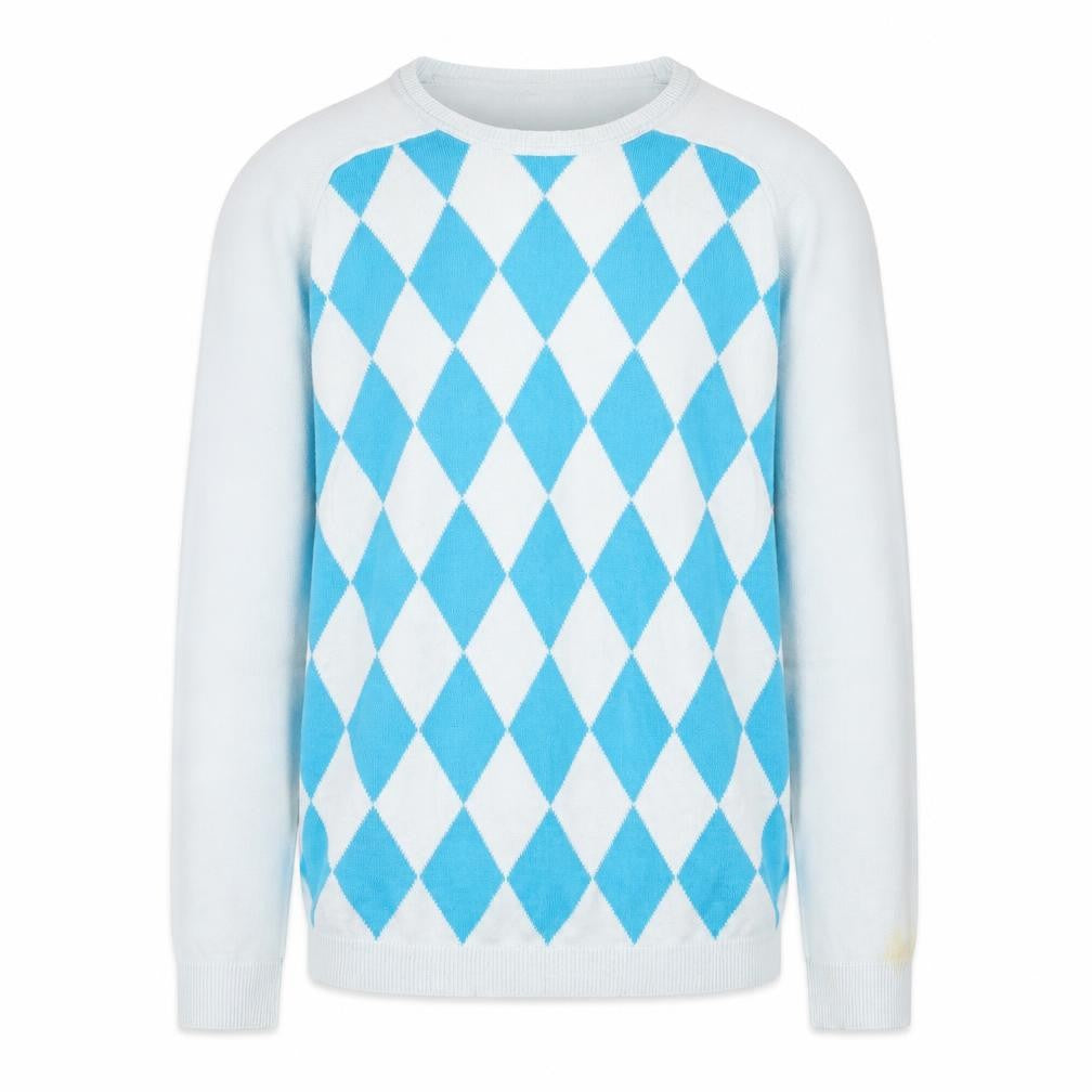 Front view of Pringle Men's Blue Argyle jumper, size S