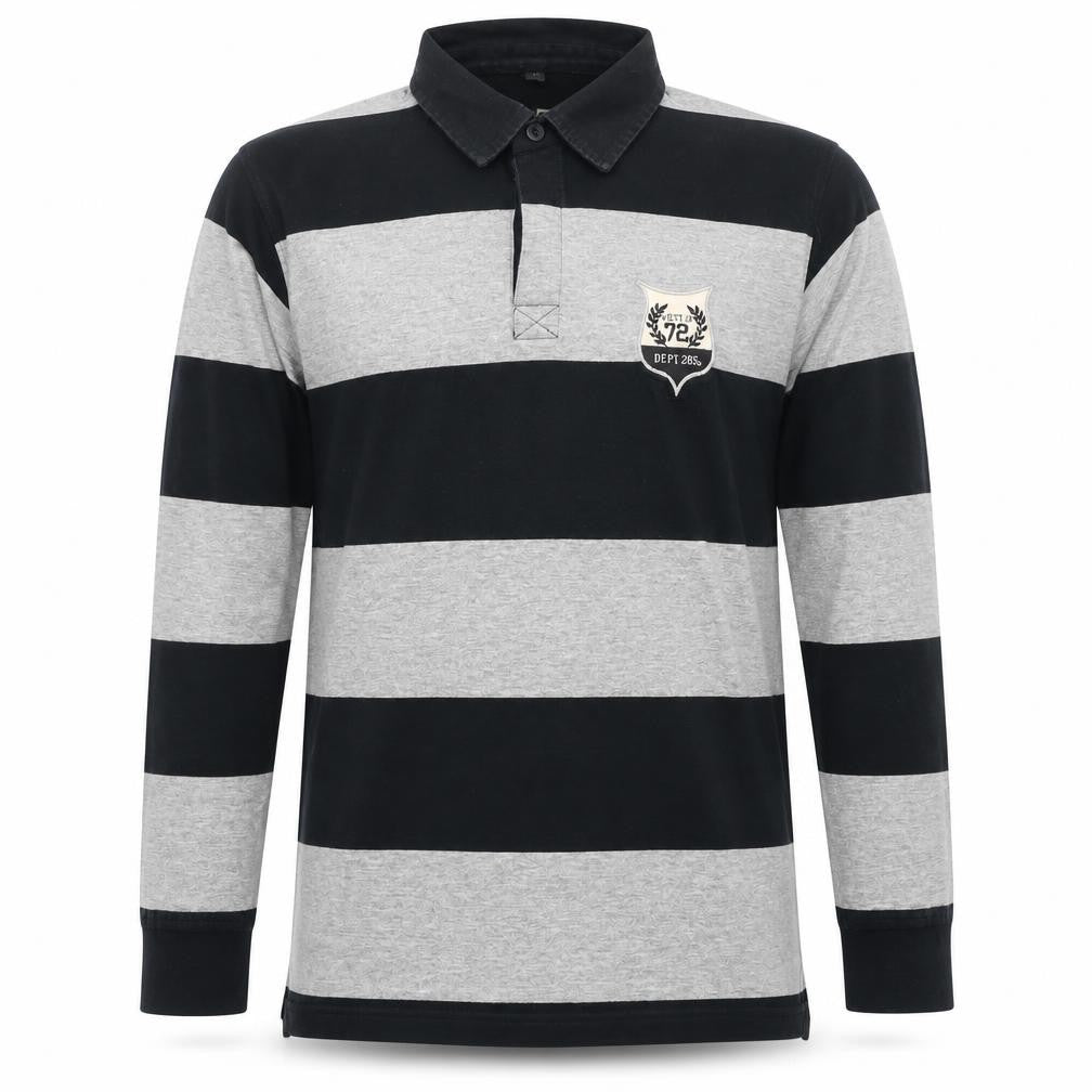 Front view of Wild Travel Men's Black Striped Polo - M